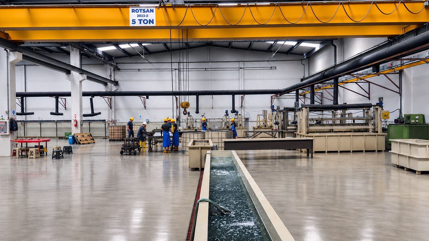 Geniş açı fabrika içi: çalışan sıcak dövme presi, uçuşan kıvılcımlar, yüksek kontrastlı endüstriyel aydınlatma